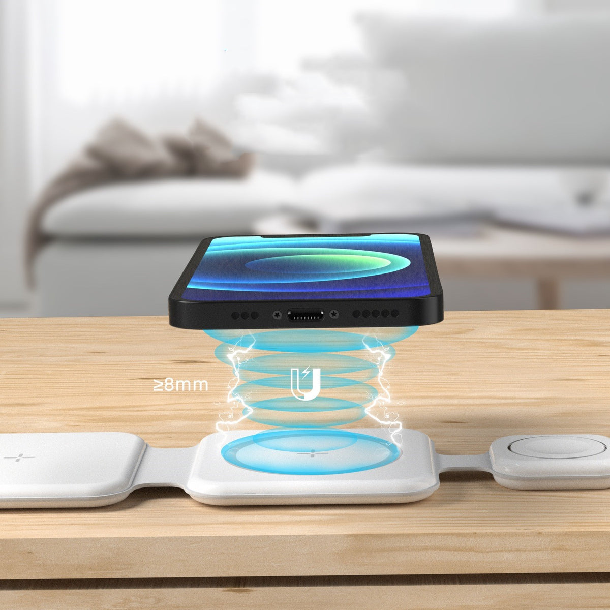 Magnetic wireless charger charging smartphone through phone case