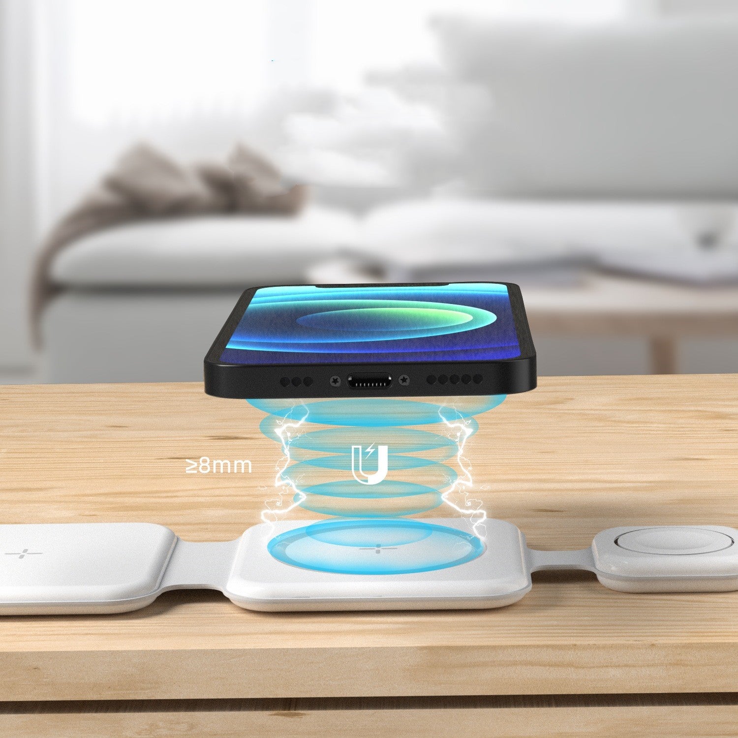 Magnetic wireless charger charging smartphone through phone case