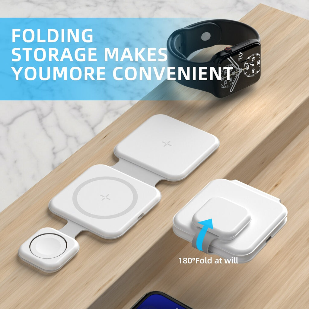 Foldable 3-in-1 wireless charging station with compact 180-degree folding design