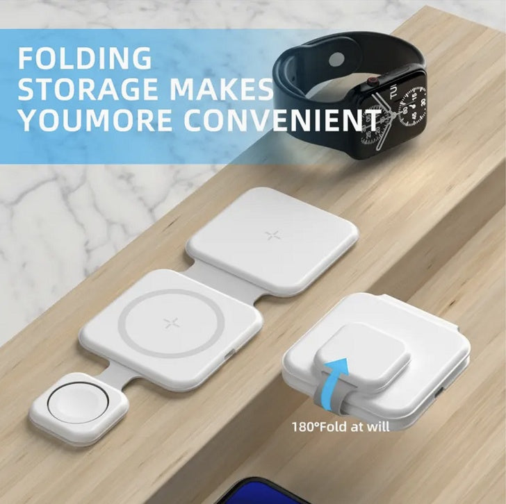 Foldable 3-in-1 wireless charging station for phone earbuds and smartwatch