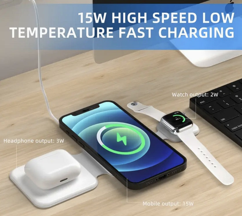3-in-1 wireless charging station with 15W phone, earbuds and smartwatch charging