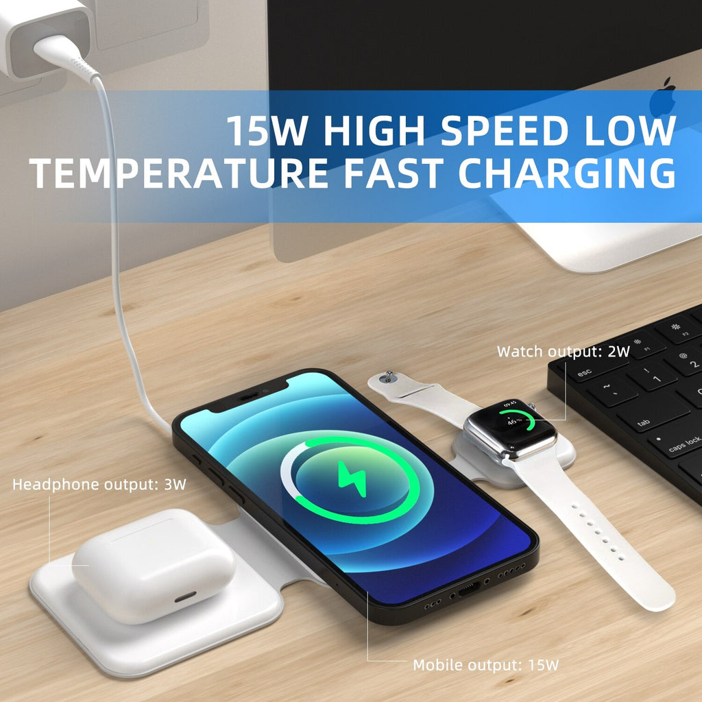 3-in-1 wireless charging station for phone earbuds and smartwatch