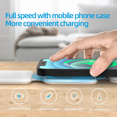 15W fast wireless charging station charging a smartphone with a phone case